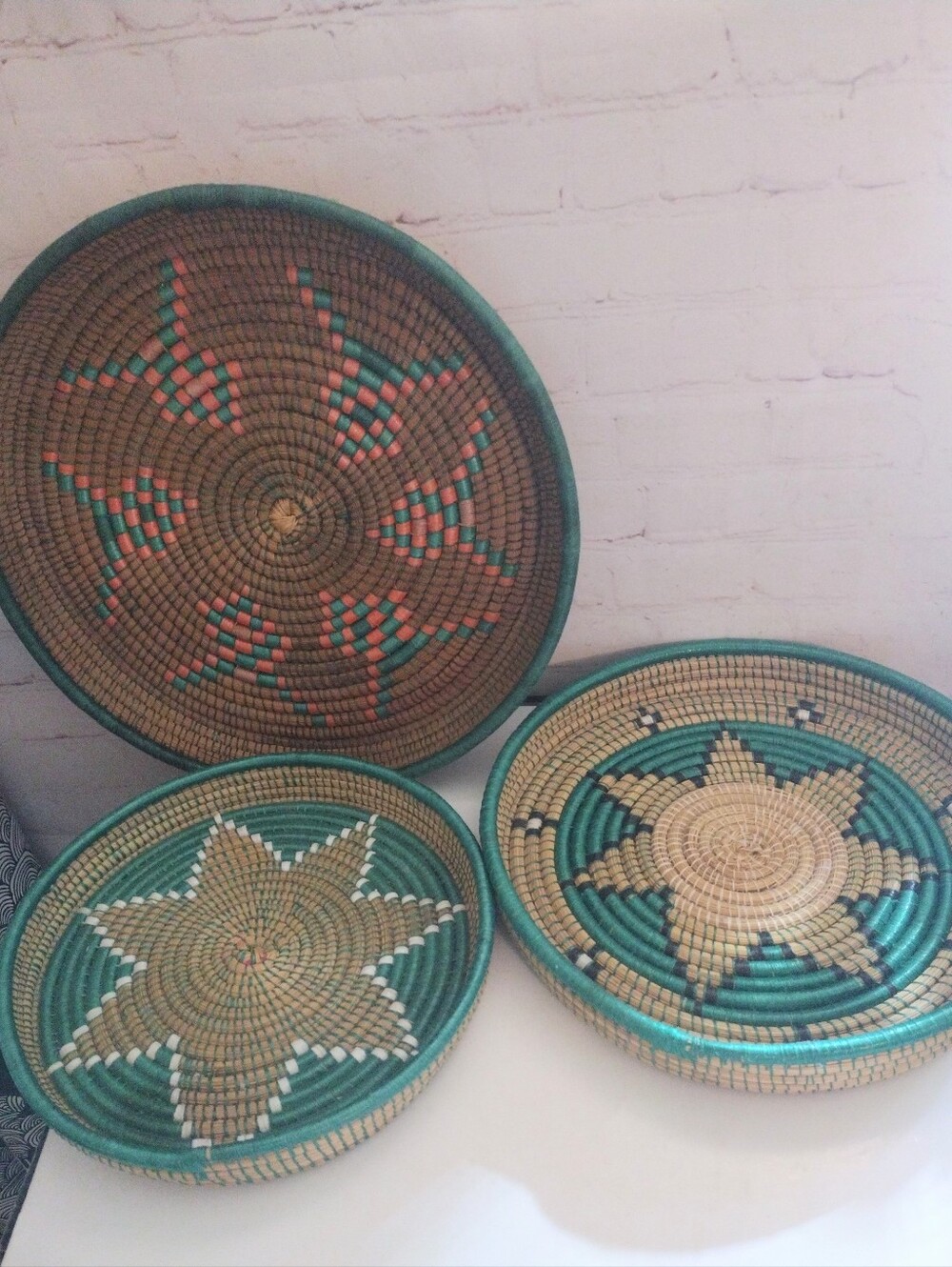 3 Rwanda Handwoven Coil Weaved Flat Tray Baskets Teal Green Geometric African